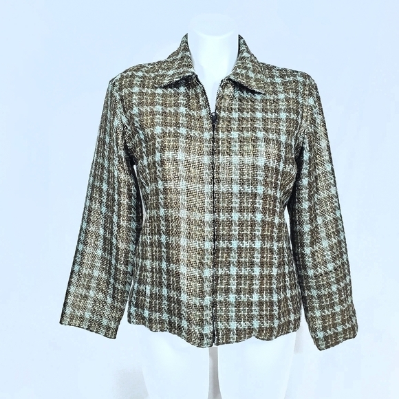 Chico's Gold & Blue Woven Zip Blazer Jacket - Picture 1 of 9